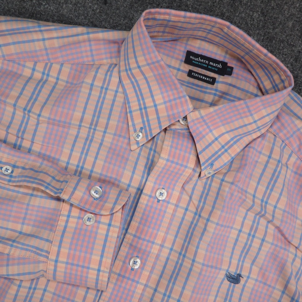 Southern Marsh Shirt Mens Med Performance Pink Blue Plaid Button Down Preppy